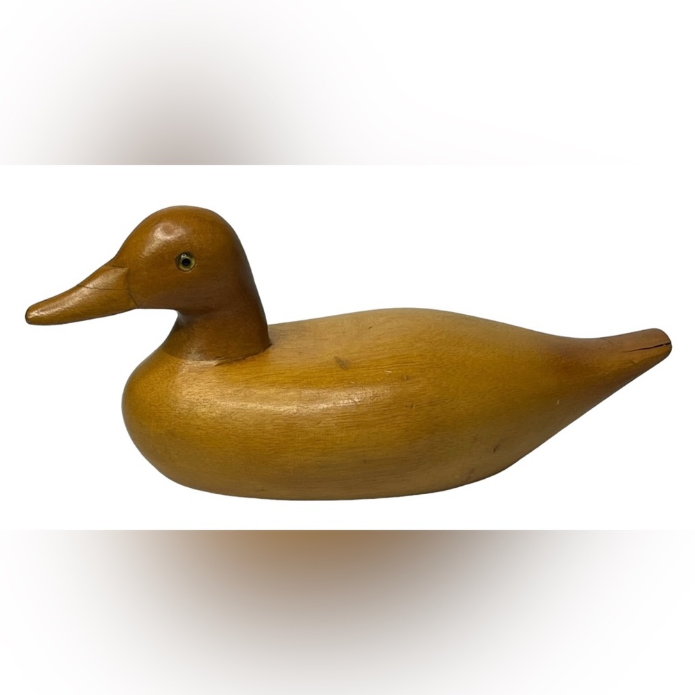 Vintage Hand Carved Wooden Duck With Glass Eyes 9" Long‎